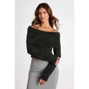 Lulus Ravenna Forest Green Eyelash Knit Off-the-shoulder Sweater Top - Size S